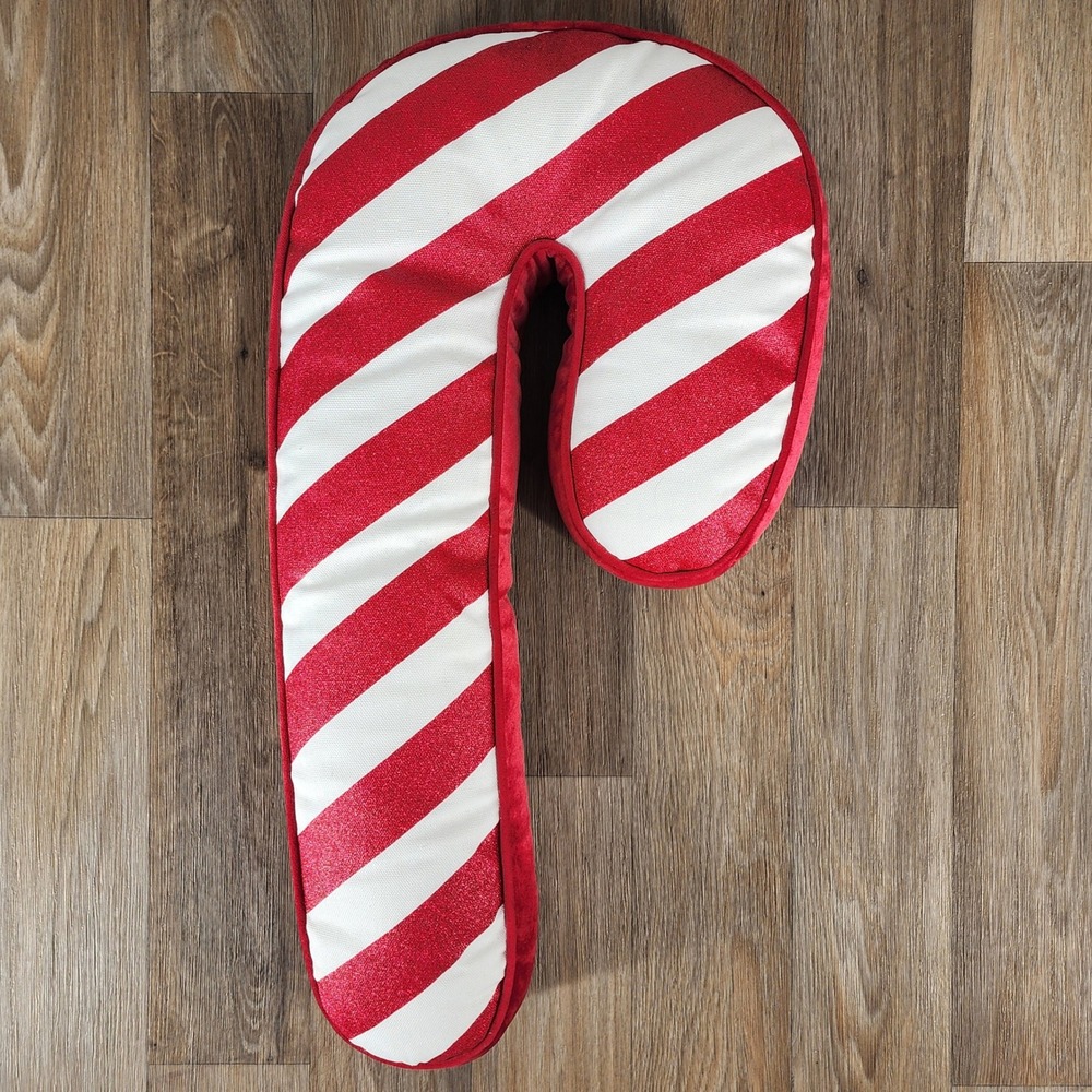 Candy Cane Christmas Holiday Pillow Plush Red White Striped Decor 24‎ Inch